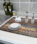 Wood Grain Dish Drying Mat For Kitchen Countertop 18x24 Inch Large Beast Absorbent Reversible Microfiber Pad With Waterproof Backing Rustic Barnwood Look Drainer Mat For Quick Drying And Easy Cleanup with plates and glasses on kitchen counter