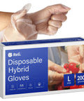 Box of Latex Free Disposable Gloves Large 200 Pack Hybrid TPE with gloved hands holding tomatoes, clear and ambidextrous