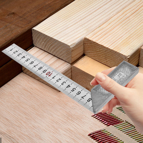 Pro Grade Stainless Steel L Square Measuring Tool For Carpenters And Machinists, 90 Degree Right Angle Ruler on wood surface