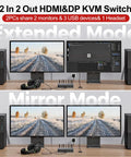 Dual Monitor KVM Switch For Two PCs With HDMI And DisplayPort, 2 In 2 Out USB 3.0 Hub For Keyboard, Mouse, Drives And Peripherals, Easy Toggle Between Computers, Seamless Dual-Display Productivity, dual-screen setup