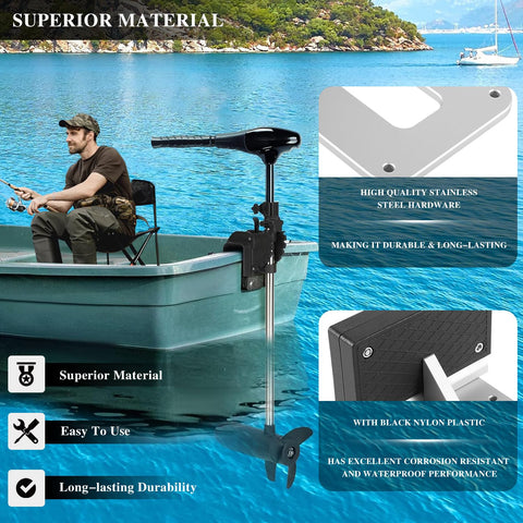 Man on a boat using Transom Trolling Motor Mount For Kayaks And Small Boats Universal Fit For Flat Sterns With Easy Clamp On Installation And Durable Construction Designed For Electric Trolling Motors Only Not For Outboard Engines.