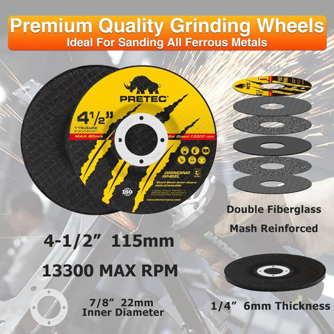PRETEC 4.5in grinding wheel set with flap discs and cut-off wheels, yellow label, 7/8in arbor