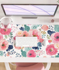 Pink Floral Large Mouse Pad 31.5 By 15.7 Inches Extended Desk Mat Waterproof PU Leather for desktop setup with keyboard and mouse