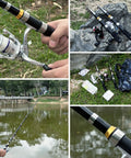Two Piece Telescopic Fishing Rod And Reel Combo Set With Approximately Seven Feet Collapsible Poles, Spinning Reels, Lures, Tackle Boxes, Line And Portable Bag For Saltwater And Freshwater Fishing, A Real Go-To Gift For Anglers shown in use by a lake and displayed on grass with accessories.