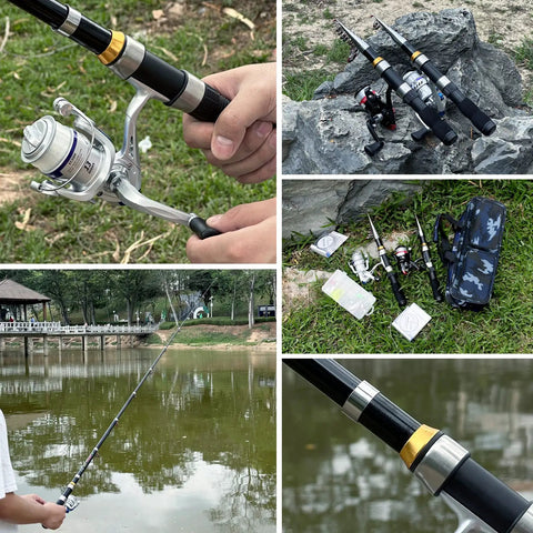 Two Piece Telescopic Fishing Rod And Reel Combo Set With Approximately Seven Feet Collapsible Poles, Spinning Reels, Lures, Tackle Boxes, Line And Portable Bag For Saltwater And Freshwater Fishing, A Real Go-To Gift For Anglers shown in use by a lake and displayed on grass with accessories.