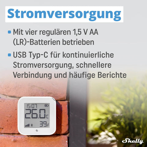 Gen3 White Smart WiFi And Bluetooth Temperature And Humidity Sensor With Quick Response, Low Power Draw, Type C USB, E Paper Display, Your Home Automation Sidekick For Real Time Indoor Climate Tracking on brick wall