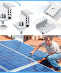 Man installing aluminum solar panel mid clamps and adjustable end clamps with mounting brackets on roof, 1.06 inch size.