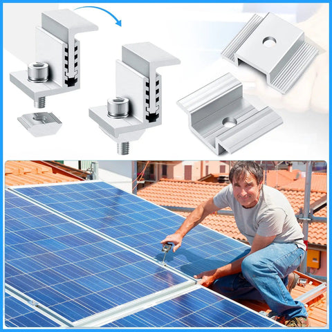 Man installing aluminum solar panel mid clamps and adjustable end clamps with mounting brackets on roof, 1.06 inch size.