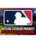MLB logo and text 'Official Licensed Product of Major League Baseball' on a stadium background.