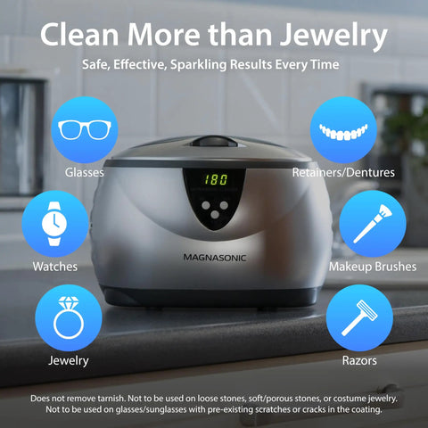 Top Notch Ultrasonic Cleaner, 20 Oz Stainless Steel Tank, digital timer showing time for cleaning glasses and jewelry.