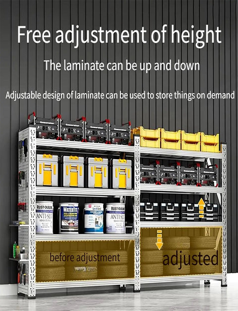 Heavy Duty Garage Shelving With Pegboard Backing Adjustable Multi Tier Storage Rack showing adjustable laminate heights for tools.