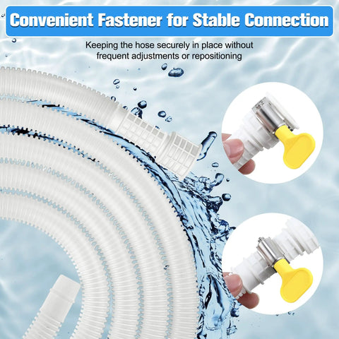 13 Foot Universal Dehumidifier Drain Hose With Cuttable Rubber Adapter And Clamp for no fuss easy install three quarter inch FHT flexible leak-free white hose close-up showing adapter and clamp