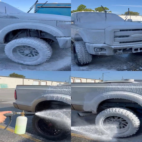 No Sweat All Purpose Cleaner Concentrate For Washing Cars And Cutting Through Tough Dirt Rich foamy soap on a truck during wash