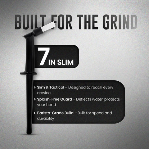 7 Inch Espresso Machine Group Brush With Drip Guard Slim Backflushing Cleaning Tool detail against textured background