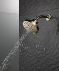 H2Okinetic 5 Setting Raincan Shower Head In Champagne Bronze With Touch Clean Spray Holes shown in modern bathroom setting