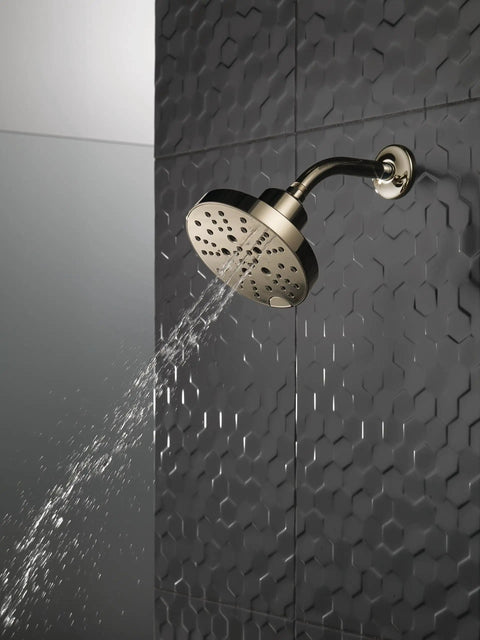 H2Okinetic 5 Setting Raincan Shower Head In Champagne Bronze With Touch Clean Spray Holes shown in modern bathroom setting