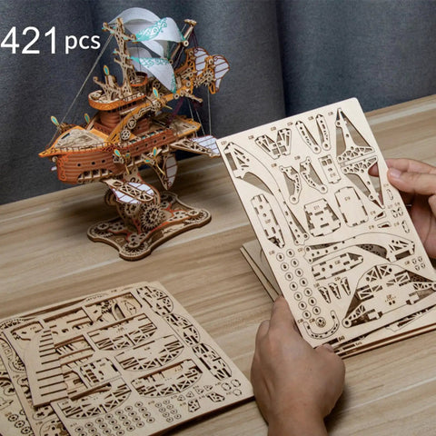 Hands assembling 3D Wooden Spaceship Puzzle Kit For Adults, DIY Spacecraft Model Build, Educational Brain Teaser You Can Assemble