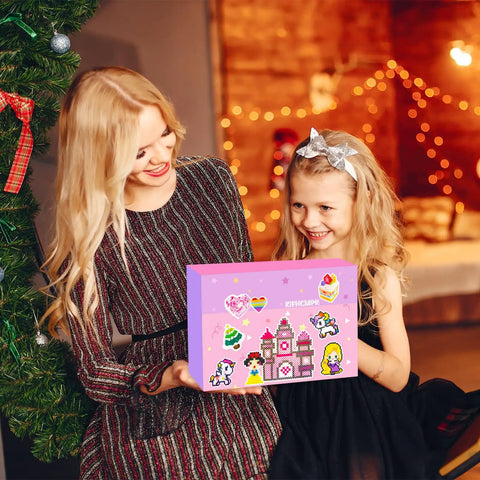 Smiling mother and daughter holding Ultimate 5mm Fuse Beads Kit For Kids Crafts With 48 Colors, 2 Boxes in festive home setting