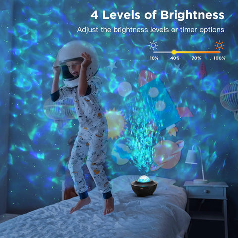 Child playing in bedroom with Galaxy Night Light Projector, Bluetooth Speaker and Remote, starry projections covering the walls and ceiling.