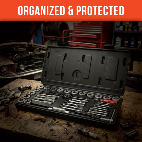 Kickstart Your Garage Projects With This Slick 40 Pc SAE Tap And Die Set Featuring Precision Built Taps And Dies For Creating Strong Internal And External Threads In Steel And Iron Without Breaking The Bank. 40 pc SAE tap and die set in case