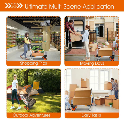 3 In 1 Folding Hand Truck Dolly Cart used in four scenes: shopping, moving, outdoors, and home.