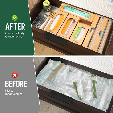 Premium Bamboo Kitchen Drawer Organizer With Five Slots For Snack Quart And Gallon Bags Plus Foil And Wrap Holder To Keep Your Drawers Totally Clutter Free And Ready To Go