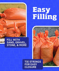Heavy Duty Sand Bags With Tie Strings For Flood Control, Woven Polypropylene Sandbags, 50 lb Capacity, 14x26, orange shown filled.