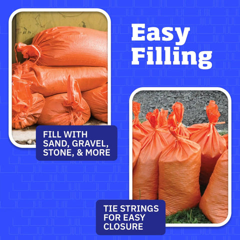 Heavy Duty Sand Bags With Tie Strings For Flood Control, Woven Polypropylene Sandbags, 50 lb Capacity, 14x26, orange shown filled.