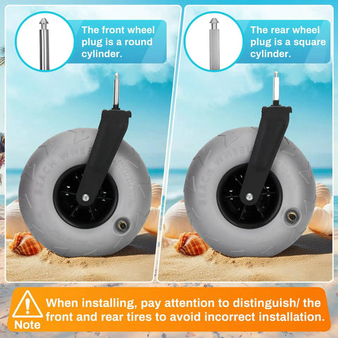 Kick Back At The Shoreline With This Premium Inflatable Rear Tire For Folding Beach Wagons Rolling Smooth Over Soft Sand Easy As Pie Heavy Duty Balloon Wheel Accessory showing front and rear wheel plugs.