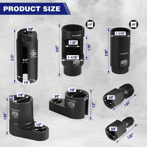 7Pc O2 Oxygen Sensor Socket Set for Auto Repairs showing various socket sizes and dimensions on a textured background.