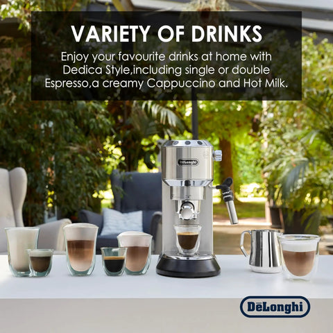 Game Changer Automatic Espresso Machine With Solid 15 Bar Pressure And Easy Dials For Killer Cappuccinos And Creamy Lattes Compact 35 Oz Metallic Coffee Brewer Built For Smooth Sipping And Chill Weekend Grinds with various drinks displayed.