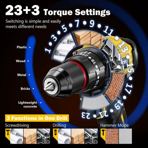Cordless Power Drill Set With Brushless Motor 620 In Lbs Torque Three Eighth Inch Metal Chuck 23 Plus 3 Torque Settings