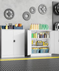 Beefy Heavy Duty Metal Storage Cabinet With Lockable Doors And Two Adjustable Shelves 36 Inch Steel Tool Cabinet, white finish shown in garage