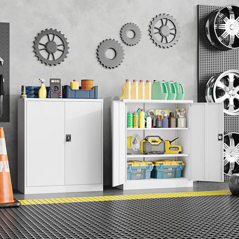 Beefy Heavy Duty Metal Storage Cabinet With Lockable Doors And Two Adjustable Shelves 36 Inch Steel Tool Cabinet, white finish shown in garage