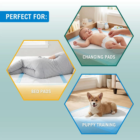 Top Shelf Super Absorbent Disposable Underpads 17 X 24 Inches Bone Dry Finish 100 Count Leak Proof Chux Pads used as bed pads, changing pads, and for puppy training.