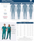 Size chart and fit guide for unisex medical scrubs, showing classic and modern fits, with measuring instructions and conversion table.