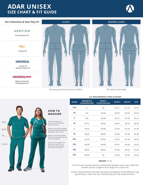 Adar Unisex size chart and fit guide with measurements for lab coats and uniforms, showing how to measure for the best fit.