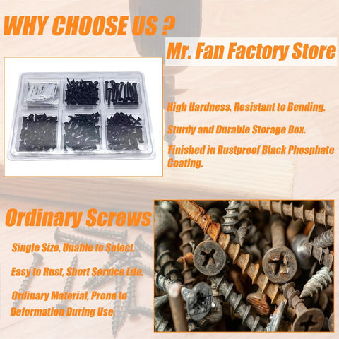 Assorted Wood And Drywall Screws Kit With 215 Pieces And 100 Anchors, screws in PVC box, black phosphate coating