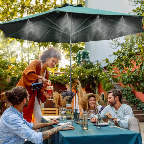 Misting Cooling System For Patio And Garden 82Ft Water Mist Hose With 30 Brass Nozzles cooling a dining setup outdoors