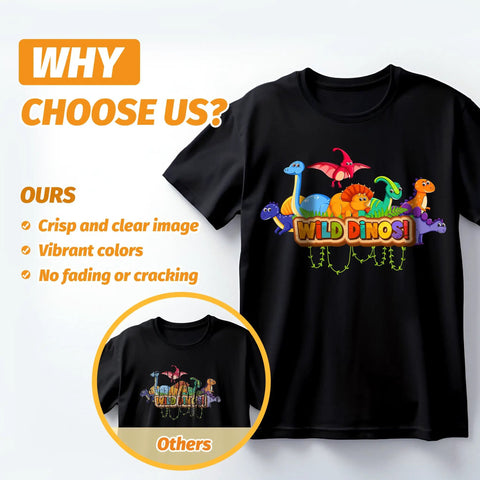 T-shirt printed with vibrant dinosaur design using Dark Cotton Inkjet Heat Transfer Paper For T Shirts 10 Sheets 8.5x11 Inches Printable Iron On Transfers For Dark Fabric Stretchable And Washable With Vibrant Colors Durable Machine Wash Safe Best For 70 To 100 Percent Cotton.