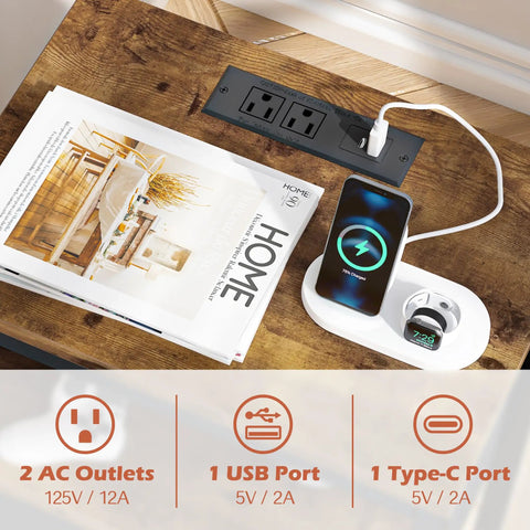 Nightstand With Charging Station And USB Ports showing outlets and charging devices on rustic brown and black finish surface