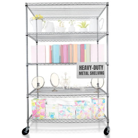 Beefy 5 Tier Heavy Duty Wire Shelving Rack With 4000 Lbs Capacity, 48 X 24 X 76 Chrome Wire Shelves On Wheels With 4 Inch Casters, NSF Commercial Rolling Rack, Adjustable Storage For Garage Kitchen Warehouse with 5 chrome wire shelves and casters