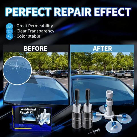 Before and after results of Windshield Chip And Crack Repair Kit, 2 Piece Car Glass Repair Set with Nano Fluid, in a parking lot.