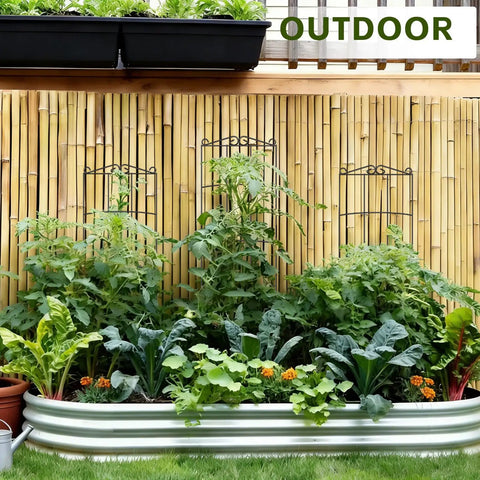 Outdoor garden with 4 Pack 31 Inch Tall Metal Plant Trellis for Indoor and Outdoor Use, supporting climbing vines in a planter.