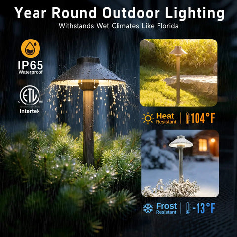 Outdoor Brass Pathway Lights Built To Last With Solid Brass Construction For Low Voltage Landscape Lighting Wired 12V Walkway LED IP65 Waterproof Hat Top Bronze For Garden Yard Driveway G4 Bulb Not Included in rain, sun, snow conditions