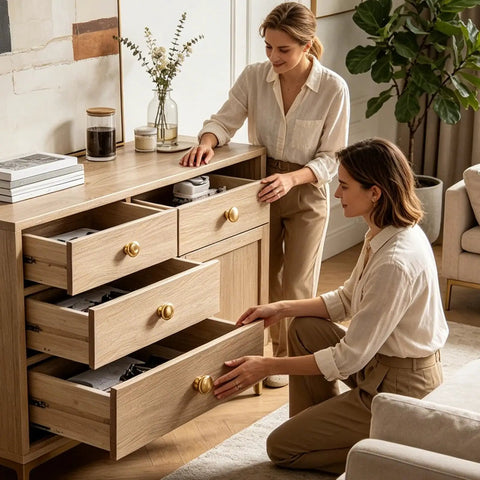 Kickstart Your Remodel With Solid Vintage Unlacquered Brass Dome Cabinet Knobs on wooden drawers used by two women.