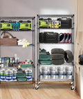 Beefy 5 Tier Heavy Duty Metal Rolling Shelving Unit With Wheels And 8 Hooks 1750 Lbs Total Capacity Adjustable Garage Wire Racks Ideal For Kitchen Bathroom Pantry Or Industrial Storage 36 W x 14 D x 72 H Black holding paint, tires, and tools