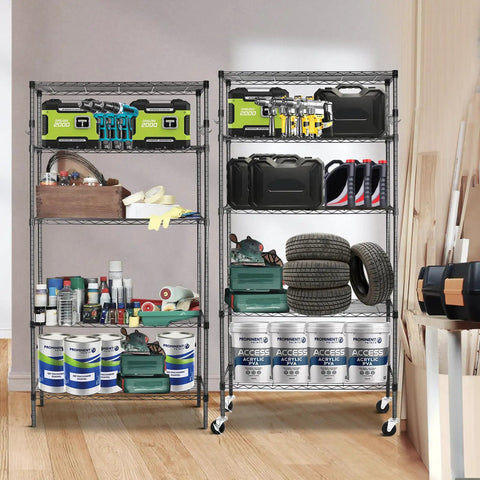 Beefy 5 Tier Heavy Duty Metal Rolling Shelving Unit With Wheels And 8 Hooks 1750 Lbs Total Capacity Adjustable Garage Wire Racks Ideal For Kitchen Bathroom Pantry Or Industrial Storage 36 W x 14 D x 72 H Black holding paint, tires, and tools