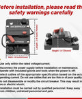 Diagram of 120 Amp Car Circuit Breaker With Manual Reset, Inline Fuse Holder for inverters, featuring dimensions and safety warnings.