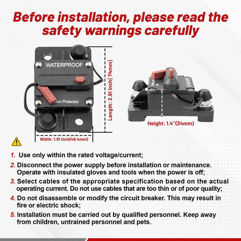 Front and side view of a 70 Amp DC Circuit Breaker with Manual Reset and Inline Fuse Holder for Cars Boats RVs Solar Systems Inverters, featuring wire lugs and copper screws, measuring 12-48V DC, with installation safety instructions.